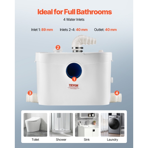 VEVOR 900W Macerator Pump, 48 GPM Flow, 40 ft/12 m Head, Macerator Sewerage Toilet Pump with 4 Water Inlets, Waste Water Disposal Upflush Machine for