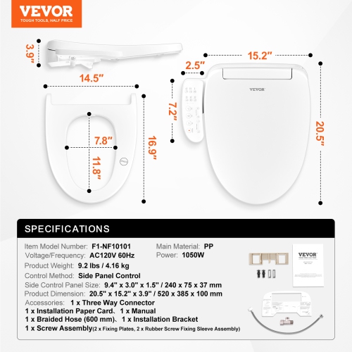 VEVOR Elongated Bidet Toilet Seat, Side Arm Control Smart Toilet Seat for Existing Toilets, Electric Bidet Toilet Seat with Slow Close, Night Light,