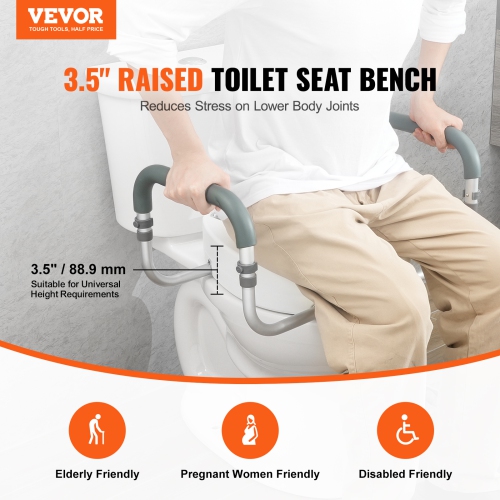 VEVOR Raised Toilet Seat, 3.5" Height Raised, 300 lbs Weight Capacity, for Standard Round Toilet, Aluminum Handrail, with EVA Armrest Padding, for