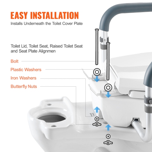 VEVOR Raised Toilet Seat, 3.5" Height Raised, 300 lbs Weight Capacity, for Standard Round Toilet, Aluminum Handrail, with EVA Armrest Padding, for
