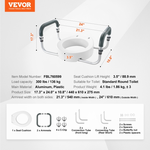 VEVOR Raised Toilet Seat, 3.5" Height Raised, 300 lbs Weight Capacity, for Standard Round Toilet, Aluminum Handrail, with EVA Armrest Padding, for