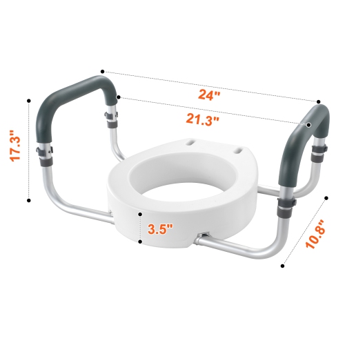 VEVOR Raised Toilet Seat, 3.5" Height Raised, 300 lbs Weight Capacity, for Standard Round Toilet, Aluminum Handrail, with EVA Armrest Padding, for