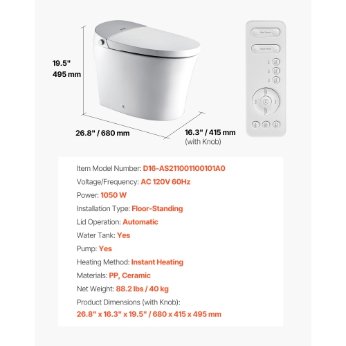 VEVOR Smart Toilet, Air Drying, Elongated Smart Toilet with Heated Seat, Clean Nozzle & Auto Freshening System, Auto Open/Close Toilet with Remote