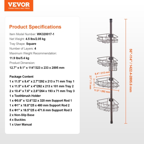 VEVOR Shower Corner Caddy Tension Pole, 56" to 114" High, Multi-Functional Shower Tension Pole with Strong Load-Bearing Tray, Rust-Proof