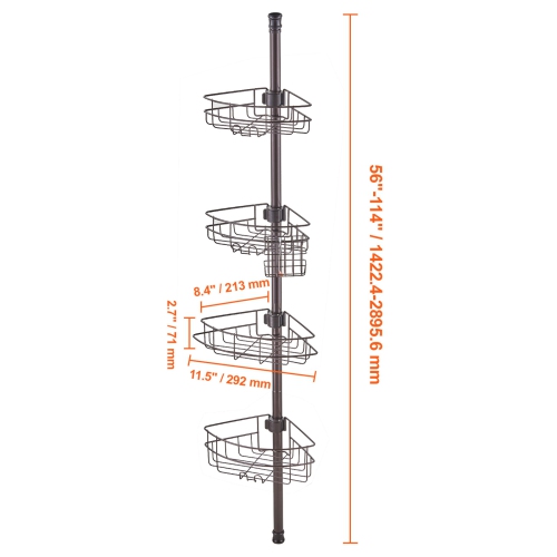 VEVOR Shower Corner Caddy Tension Pole, 56" to 114" High, Multi-Functional Shower Tension Pole with Strong Load-Bearing Tray, Rust-Proof
