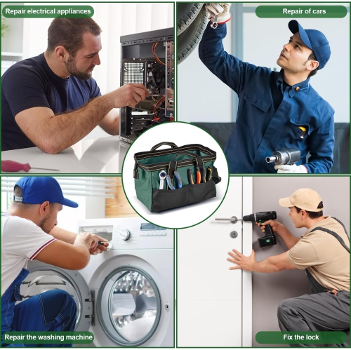 Universal Sturdy 13 Inch Wide Mouth Tool Bag, Professional Waterproof and Durable, Hardware Tool Bag Electrician Canvas - Green