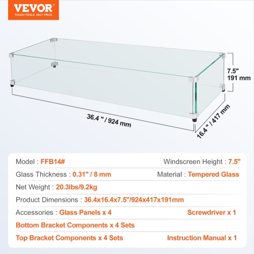 Pare-vent en verre VEVOR 36x16x7,5&nbsp;po pour foyer rectangulaire, panneau en verre trempé épais et robuste de 0.31&nbsp;po avec support en coin en