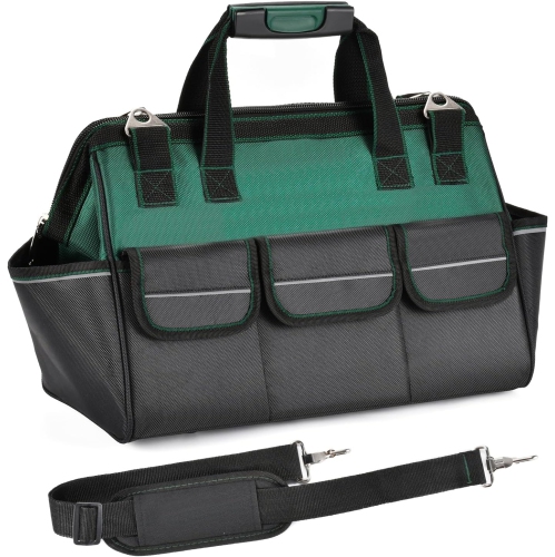 Universal Sturdy 18 Inch Wide Mouth Tool Bag, Professional Waterproof and Durable, Hardware Tool Bag Electrician Canvas - Green