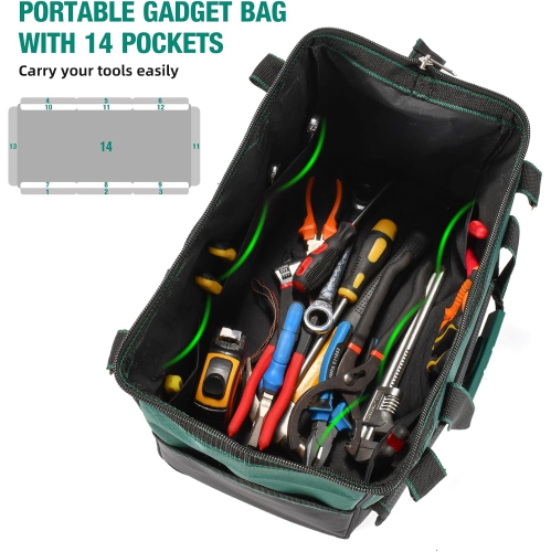 Universal Sturdy 18 Inch Wide Mouth Tool Bag, Professional Waterproof and Durable, Hardware Tool Bag Electrician Canvas - Green