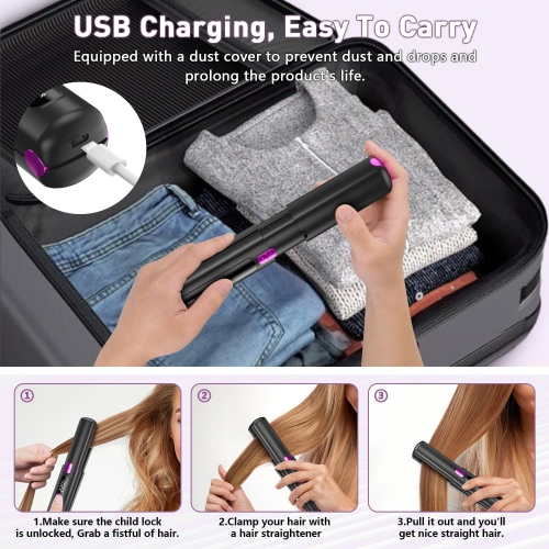 Mini fer plat, fer plat sans fil pour les voyages, fer plat et fer à friser portatif de voyage, fer plat miniature rechargeable par USB, fer à friser