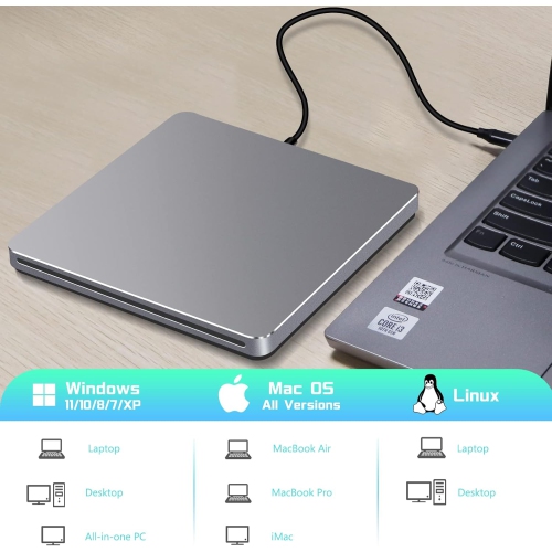 NOLYTH External DVD Drive, USB C CD Burner Portable +/-RW DVD Player, Slot-in CD DVD External Drive for Laptop PC Desktop Mac Windows MacBook, Grey