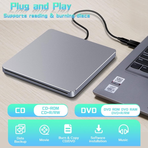 NOLYTH External DVD Drive, USB C CD Burner Portable +/-RW DVD Player, Slot-in CD DVD External Drive for Laptop PC Desktop Mac Windows MacBook, Grey