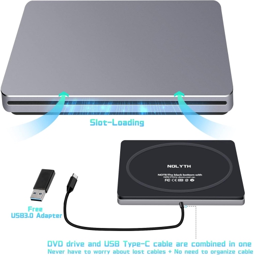 NOLYTH External DVD Drive, USB C CD Burner Portable +/-RW DVD Player, Slot-in CD DVD External Drive for Laptop PC Desktop Mac Windows MacBook, Grey