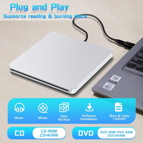 Lecteur DVD externe NOLYTH, graveur CD USB C portatif +/-RW DVD, lecteur CD DVD externe pour ordinateur portable de bureau Mac Windows MacBook ,