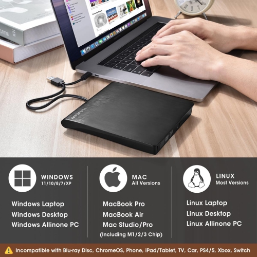 Lecteur de CD externe DVD +/-RW USB 3,0 DVD portatif Lecteur de CD-ROM Lecteur de disque optique pour ordinateur portatif PC Windows 11/10/8/7, Mac