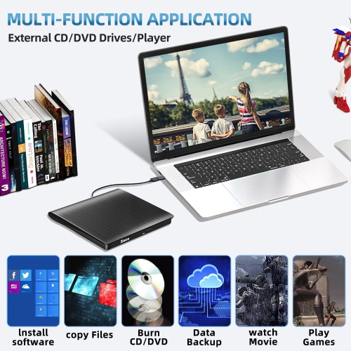 Lecteur CD +/-RW portatif Lecteur DVD pour graveur de ROM, lecteur DVD externe USB 3,0 Type-C Graveur de CD compatible avec les ordinateurs portatifs