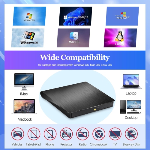 2 in 1 USB 3.0 Ultra-Slim Portable DVD Player for Laptop, External CD/DVD Drive for Laptop, External Disk Drive Optical Compatible with Desktop PC