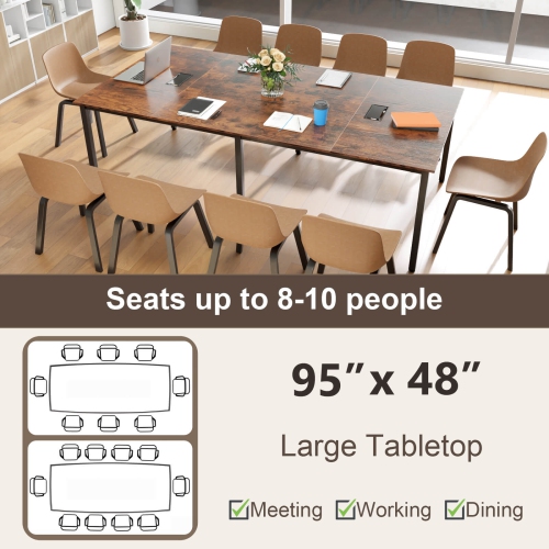 Costway 1/2 PCS 95" x 48" Large Meeting Table Seats up to 10 People 2 Cable Grommets for Office White/Brown