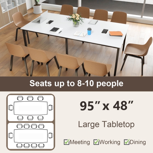 Costway 1/2 PCS 95" x 48" Large Meeting Table Seats up to 10 People 2 Cable Grommets for Office White/Brown