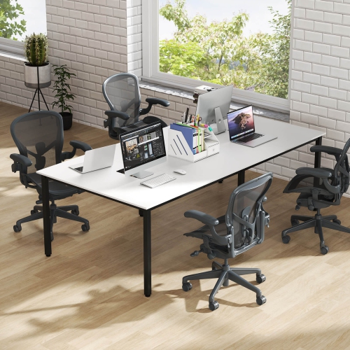 Costway 1/2 PCS 95" x 48" Large Meeting Table Seats up to 10 People 2 Cable Grommets for Office White/Brown