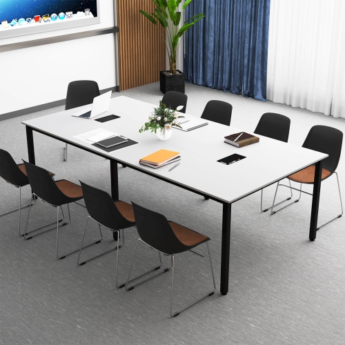 Costway 1/2 PCS 95" x 48" Large Meeting Table Seats up to 10 People 2 Cable Grommets for Office White/Brown