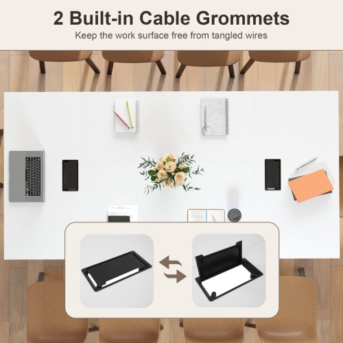 Costway 1/2 PCS 95" x 48" Large Meeting Table Seats up to 10 People 2 Cable Grommets for Office White/Brown