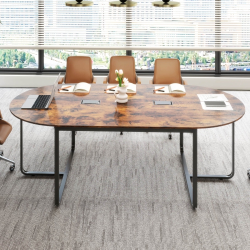 Costway 95" Conference Table for 10-12 People 2 Cable Management Grommets for Office Brown