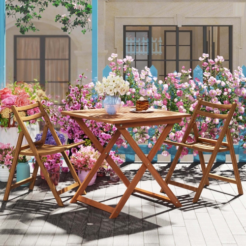 Table à manger de patio de 29,5 x 29,5 po 1/2 de Costway avec trou de parasol de 2 po peint en teck pour balcon