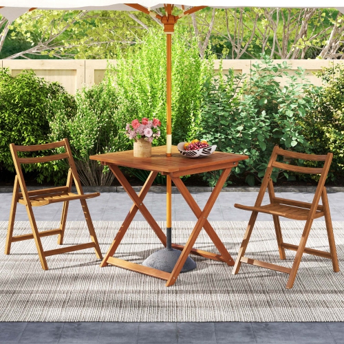 Table à manger de patio de 29,5 x 29,5 po 1/2 de Costway avec trou de parasol de 2 po peint en teck pour balcon