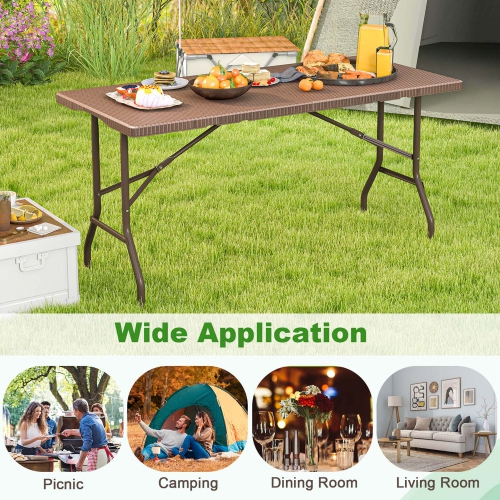 Costway 5 ft Folding Picnic Table Outdoor Dining Table with Rattan Grain HDPE Tabletop Brown/Black