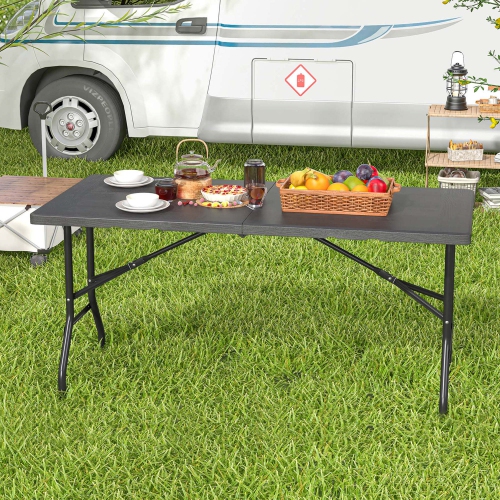 Costway 5 ft Folding Picnic Table Outdoor Dining Table with Rattan Grain HDPE Tabletop Brown/Black
