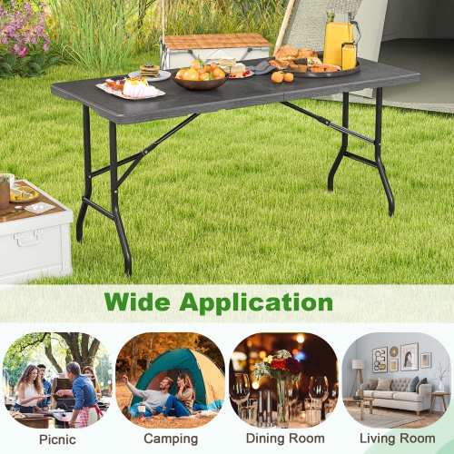 Costway 5 ft Folding Picnic Table Outdoor Dining Table with Rattan Grain HDPE Tabletop Brown/Black