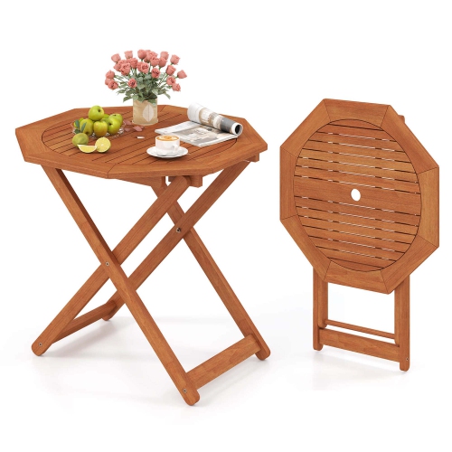 Costway 1/2 PCS Outdoor Patio Folding Wood Dining Table for 4 with 2" Umbrella Hole for Garden