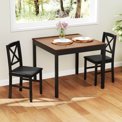 Costway 3 PCS Dining Table Set Wooden Square Kitchen Table with 2 Upholstered Chairs Brown/Gray