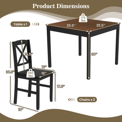 Costway 3 PCS Dining Table Set Wooden Square Kitchen Table with 2 Upholstered Chairs Brown/Gray
