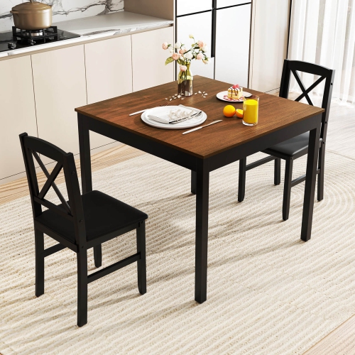 Costway 3 PCS Dining Table Set Wooden Square Kitchen Table with 2 Upholstered Chairs Brown/Gray