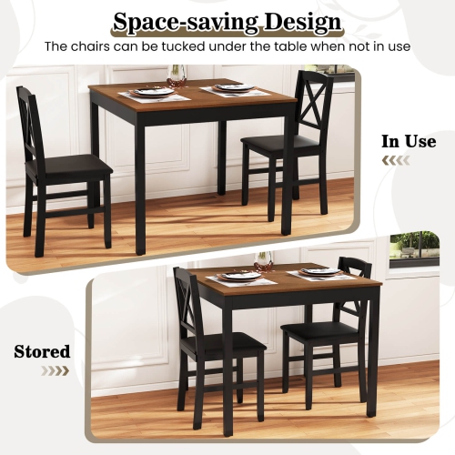 Costway 3 PCS Dining Table Set Wooden Square Kitchen Table with 2 Upholstered Chairs Brown/Gray