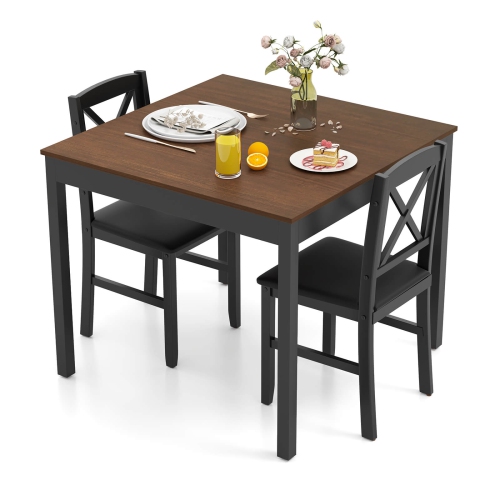 Costway 3 PCS Dining Table Set Wooden Square Kitchen Table with 2 Upholstered Chairs Brown/Gray