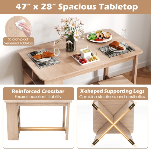 Costway 5 PCS Dining Table Set with Storage Shelf Rectangular Kitchen Table with 4 Stools Beige/Gray