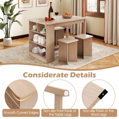 Costway 5 PCS Dining Table Set with Storage Shelf Rectangular Kitchen Table with 4 Stools Beige/Gray