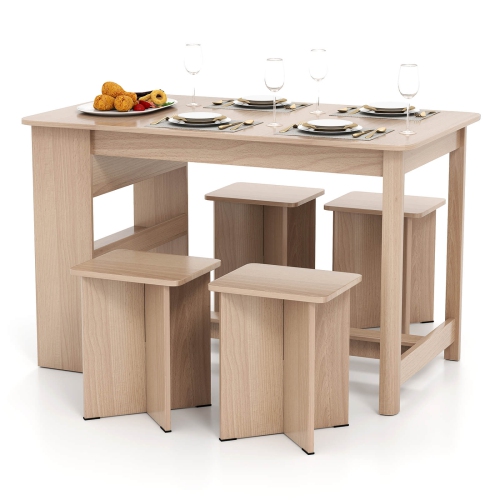 Costway 5 PCS Dining Table Set with Storage Shelf Rectangular Kitchen Table with 4 Stools Beige/Gray