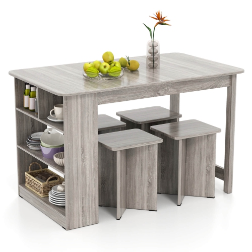 Costway 5 PCS Dining Table Set with Storage Shelf Rectangular Kitchen Table with 4 Stools Beige/Gray