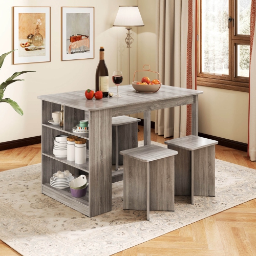 Costway 5 PCS Dining Table Set with Storage Shelf Rectangular Kitchen Table with 4 Stools Beige/Gray