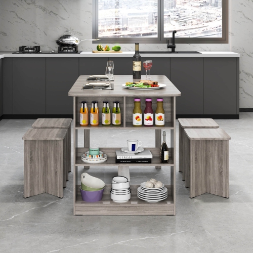 Costway 5 PCS Dining Table Set with Storage Shelf Rectangular Kitchen Table with 4 Stools Beige/Gray