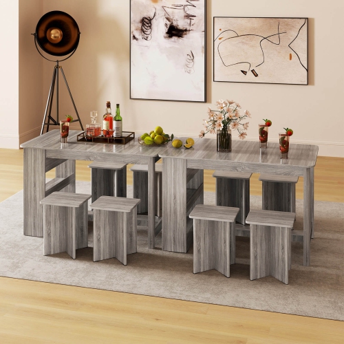 Costway 5 PCS Dining Table Set with Storage Shelf Rectangular Kitchen Table with 4 Stools Beige/Gray
