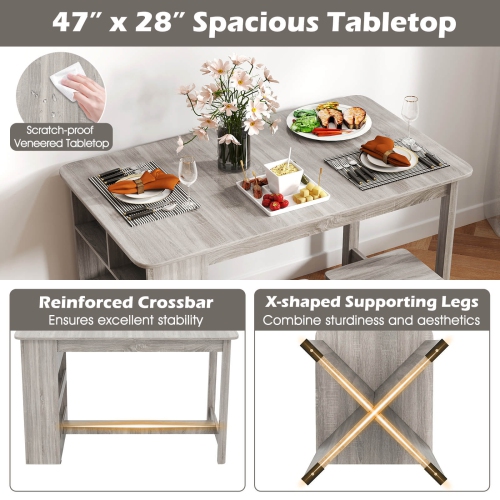 Costway 5 PCS Dining Table Set with Storage Shelf Rectangular Kitchen Table with 4 Stools Beige/Gray