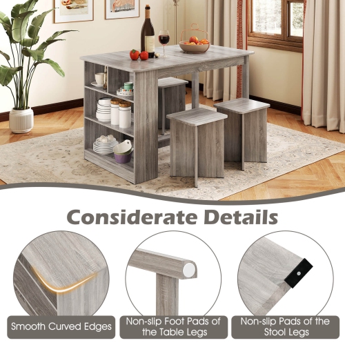 Costway 5 PCS Dining Table Set with Storage Shelf Rectangular Kitchen Table with 4 Stools Beige/Gray