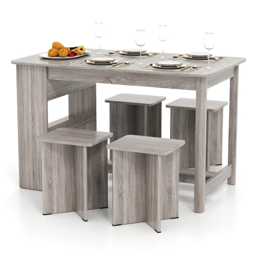 Costway 5 PCS Dining Table Set with Storage Shelf Rectangular Kitchen Table with 4 Stools Beige/Gray