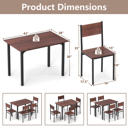 Costway 5 PCS Dining Table Set Industrial Style Kitchen Table & Chairs for 4 Gray Gray/Brown