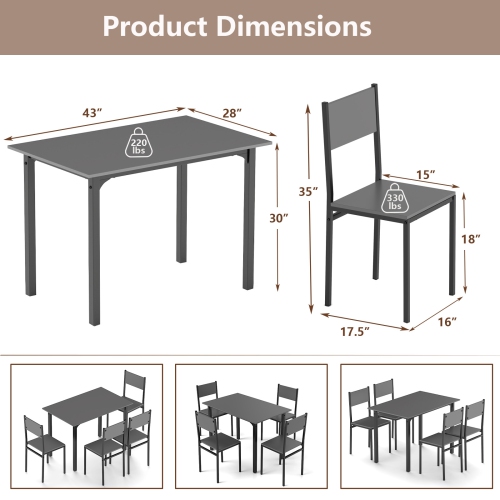 Costway 5 PCS Dining Table Set Industrial Style Kitchen Table & Chairs for 4 Gray Gray/Brown